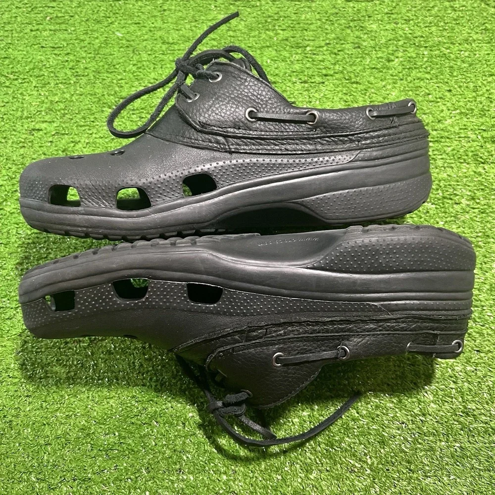 Crocs Boat Shoes Men SZ 12 Islander Pitcrew Leather Classic Clogs Black On Black